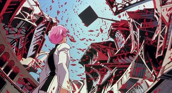 Movie still from “Revolutionary Girl Utena: The Movie” (1999), directed by Katsushi Sakurabi – An animated scene of a woman looking up at a building; Wide shot, Low angle