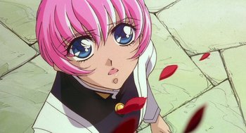 Movie still from “Revolutionary Girl Utena: The Movie” (1999), directed by Katsushi Sakurabi – A person with pink hair and blue eyes; Close Up shot, Low angle