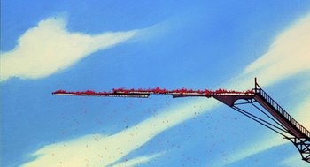 Movie still from “Revolutionary Girl Utena: The Movie” (1999), directed by Katsushi Sakurabi – A painting of a bridge with red flowers on it; Extreme Wide shot, Low angle