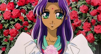 Movie still from “Revolutionary Girl Utena: The Movie” (1999), directed by Katsushi Sakurabi – A person with purple hair; Close Up shot, High angle