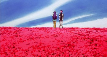 Movie still from “Revolutionary Girl Utena: The Movie” (1999), directed by Katsushi Sakurabi – A couple of people standing in a field of flowers; Extreme Wide shot, High angle