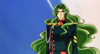 Movie still from “Revolutionary Girl Utena: The Movie” (1999), directed by Katsushi Sakurabi – A man with long green hair is standing in front of a blue sky; Medium shot, Low angle