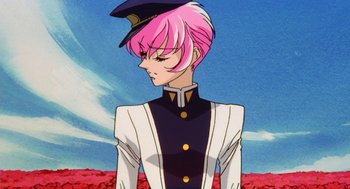 Movie still from “Revolutionary Girl Utena: The Movie” (1999), directed by Katsushi Sakurabi – A man with pink hair wearing a uniform; Medium shot, Low angle