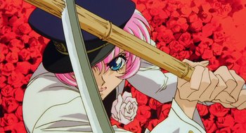 Movie still from “Revolutionary Girl Utena: The Movie” (1999), directed by Katsushi Sakurabi – A person holding a baseball bat in front of roses; Extreme Close Up shot, Low angle