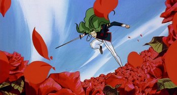 Movie still from “Revolutionary Girl Utena: The Movie” (1999), directed by Katsushi Sakurabi – An animated picture of a woman with a sword; Wide shot, Low angle