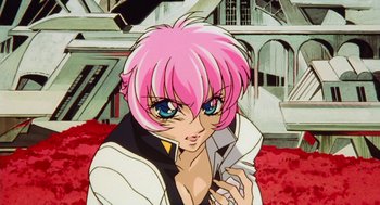 Movie still from “Revolutionary Girl Utena: The Movie” (1999), directed by Katsushi Sakurabi – A person with pink hair; Close Up shot, High angle