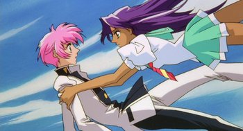 Movie still from “Revolutionary Girl Utena: The Movie” (1999), directed by Katsushi Sakurabi – A couple of people that are in the air together; Wide shot, Low angle
