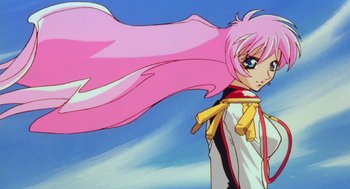 Movie still from “Revolutionary Girl Utena: The Movie” (1999), directed by Katsushi Sakurabi – A person with long pink hair; Close Up shot, Low angle