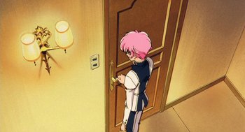 Movie still from “Revolutionary Girl Utena: The Movie” (1999), directed by Katsushi Sakurabi – A woman with pink hair standing in front of a door; Wide shot, High angle