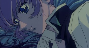 Movie still from “Revolutionary Girl Utena: The Movie” (1999), directed by Katsushi Sakurabi – View of a woman's face with purple hair; Close Up shot, Overhead angle