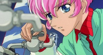 Movie still from “Revolutionary Girl Utena: The Movie” (1999), directed by Katsushi Sakurabi – A person holding a wrench; Extreme Close Up shot, Low angle