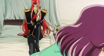 Movie still from “Revolutionary Girl Utena: The Movie” (1999), directed by Katsushi Sakurabi – A man with long red hair is standing next to a woman; Medium shot, Low angle