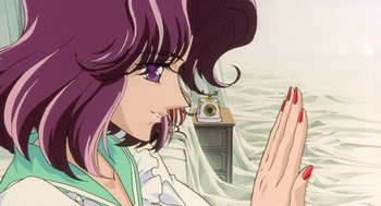 Movie still from “Revolutionary Girl Utena: The Movie” (1999), directed by Katsushi Sakurabi – A woman with purple hair looking at a clock; Close Up shot, Low angle