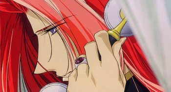 Movie still from “Revolutionary Girl Utena: The Movie” (1999), directed by Katsushi Sakurabi – A person using a cell phone; Extreme Close Up shot, Low angle