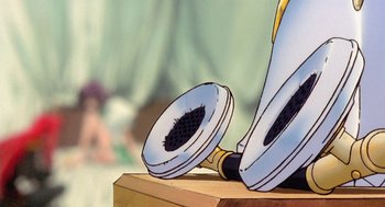 Movie still from “Revolutionary Girl Utena: The Movie” (1999), directed by Katsushi Sakurabi – A cartoon character's face and hair brush; Extreme Close Up shot, Overhead angle