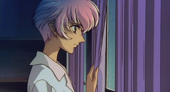 Movie still from “Revolutionary Girl Utena: The Movie” (1999), directed by Katsushi Sakurabi – A woman with pink hair looking out of a window; Close Up shot, Low angle