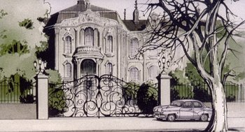 Movie still from “Revolutionary Girl Utena: The Movie” (1999), directed by Katsushi Sakurabi – An illustration of an old house with a car parked in front of it; Extreme Wide shot, Low angle