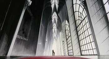 Movie still from “Revolutionary Girl Utena: The Movie” (1999), directed by Katsushi Sakurabi – A man is standing in the middle of an empty cathedral; Extreme Wide shot, Low angle