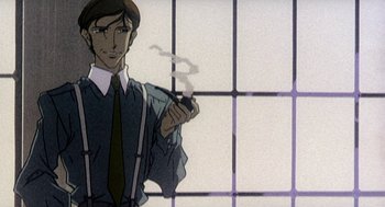 Movie still from “Revolutionary Girl Utena: The Movie” (1999), directed by Katsushi Sakurabi – A man holding a smoking pipe in front of a window; Close Up shot, Low angle