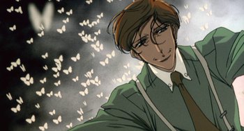 Movie still from “Revolutionary Girl Utena: The Movie” (1999), directed by Katsushi Sakurabi – A person with a bunch of butterflies in the background; Close Up shot, Low angle