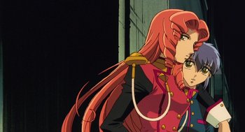 Movie still from “Revolutionary Girl Utena: The Movie” (1999), directed by Katsushi Sakurabi – A woman with long red hair; Medium shot, Over the shoulder angle