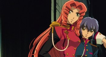 Movie still from “Revolutionary Girl Utena: The Movie” (1999), directed by Katsushi Sakurabi – A person with long red hair; Medium shot, Over the shoulder angle