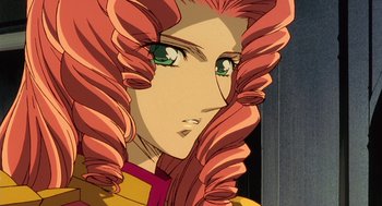 Movie still from “Revolutionary Girl Utena: The Movie” (1999), directed by Katsushi Sakurabi – A person with long pink hair; Close Up shot, High angle