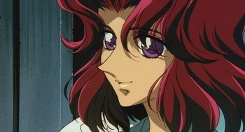 Movie still from “Revolutionary Girl Utena: The Movie” (1999), directed by Katsushi Sakurabi – A woman's face with purple eyes; Close Up shot, Low angle