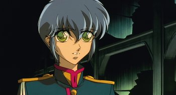 Movie still from “Revolutionary Girl Utena: The Movie” (1999), directed by Katsushi Sakurabi – A person with green eyes; Close Up shot, Low angle