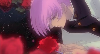 Movie still from “Revolutionary Girl Utena: The Movie” (1999), directed by Katsushi Sakurabi – A person holding a rose; Close Up shot, Low angle