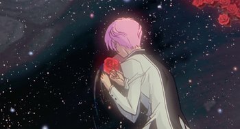 Movie still from “Revolutionary Girl Utena: The Movie” (1999), directed by Katsushi Sakurabi – A man holding a rose in front of a star filled sky; Extreme Close Up shot, Over the shoulder angle