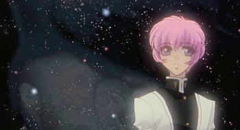 Movie still from “Revolutionary Girl Utena: The Movie” (1999), directed by Katsushi Sakurabi – A person with a pink hair; Close Up shot, Low angle