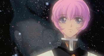 Movie still from “Revolutionary Girl Utena: The Movie” (1999), directed by Katsushi Sakurabi – A person with pink hair; Close Up shot, Low angle