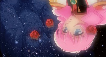 Movie still from “Revolutionary Girl Utena: The Movie” (1999), directed by Katsushi Sakurabi – A pink haired anime girl with red roses; Close Up shot, Overhead angle
