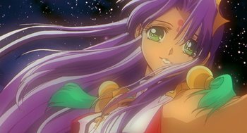 Movie still from “Revolutionary Girl Utena: The Movie” (1999), directed by Katsushi Sakurabi – A woman with purple hair and green eyes; Close Up shot, Low angle