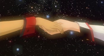 Movie still from “Revolutionary Girl Utena: The Movie” (1999), directed by Katsushi Sakurabi – Two people holding each other's hands in the stars; Extreme Close Up shot, Overhead angle