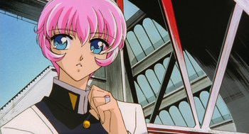 Movie still from “Revolutionary Girl Utena: The Movie” (1999), directed by Katsushi Sakurabi – A person with pink hair; Close Up shot, Low angle