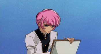 Movie still from “Revolutionary Girl Utena: The Movie” (1999), directed by Katsushi Sakurabi – A person with pink hair is holding a board; Close Up shot, Low angle