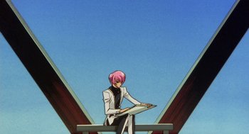 Movie still from “Revolutionary Girl Utena: The Movie” (1999), directed by Katsushi Sakurabi – A woman with pink hair sitting on top of a bench; Wide shot, High angle