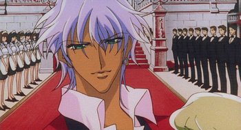 Movie still from “Revolutionary Girl Utena: The Movie” (1999), directed by Katsushi Sakurabi – A person with purple hair and green eyes; Extreme Close Up shot, Low angle