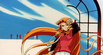 Movie still from “Revolutionary Girl Utena: The Movie” (1999), directed by Katsushi Sakurabi – A person with long red hair; Medium shot, Low angle