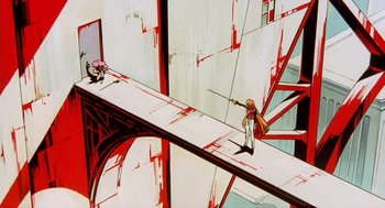 Movie still from “Revolutionary Girl Utena: The Movie” (1999), directed by Katsushi Sakurabi – A painting of a man holding a sword and a woman standing on a bridge; Extreme Wide shot, Low angle