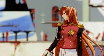 Movie still from “Revolutionary Girl Utena: The Movie” (1999), directed by Katsushi Sakurabi – A woman in a red and white uniform holding a white purse; Medium shot, Low angle