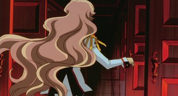 Movie still from “Revolutionary Girl Utena: The Movie” (1999), directed by Katsushi Sakurabi – A woman with long blonde hair standing next to a wall; Close Up shot, Over the shoulder angle