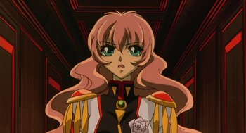 Movie still from “Revolutionary Girl Utena: The Movie” (1999), directed by Katsushi Sakurabi – A person with long pink hair; Close Up shot, Low angle