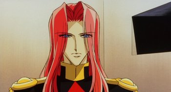 Movie still from “Revolutionary Girl Utena: The Movie” (1999), directed by Katsushi Sakurabi – A person with long red hair; Close Up shot, Low angle