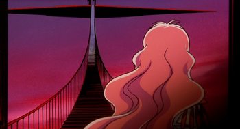 Movie still from “Revolutionary Girl Utena: The Movie” (1999), directed by Katsushi Sakurabi – A woman with long pink hair standing in front of a staircase; Wide shot, Low angle