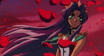 Movie still from “Revolutionary Girl Utena: The Movie” (1999), directed by Katsushi Sakurabi – A woman with long black hair; Close Up shot, Low angle