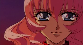 Movie still from “Revolutionary Girl Utena: The Movie” (1999), directed by Katsushi Sakurabi – View of a woman's face in anime style; Close Up shot, Low angle
