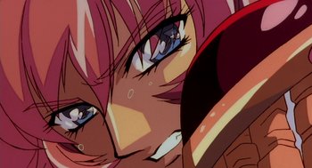 Movie still from “Revolutionary Girl Utena: The Movie” (1999), directed by Katsushi Sakurabi – View of a woman's face with blue eyes; Extreme Close Up shot, Low angle